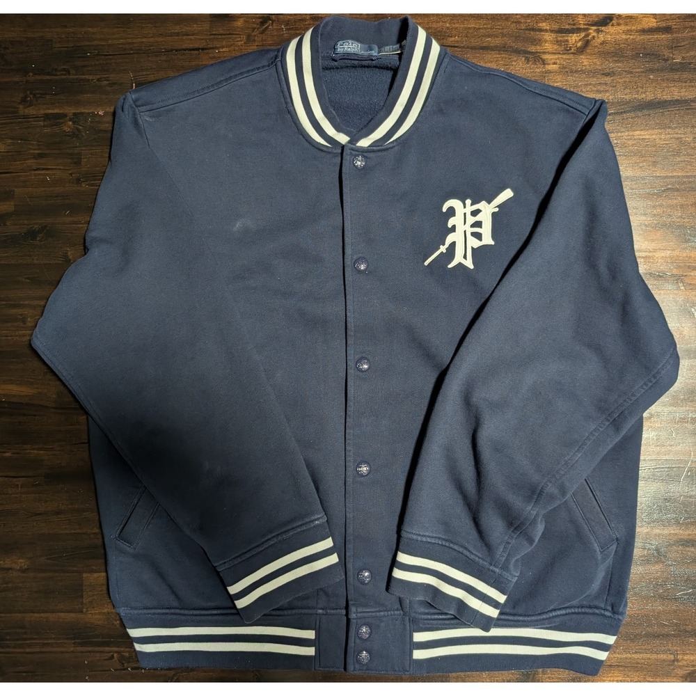 Polo Ralph Lauren Mens Fleece Graphic Baseball Jacket Navy Blue XXL Varsity